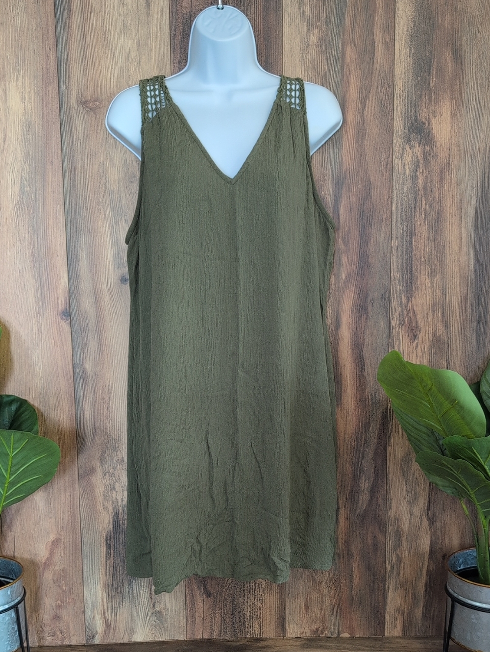 Old Navy Olive Green Mini Dress with Crochet Straps L Petite     M384